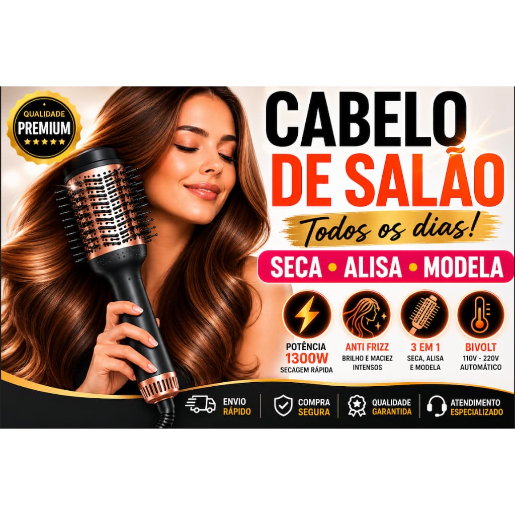 Escova Secadora Profissional Bivolt 1300W 3 em 1 Seca Alisa Modela Anti Frizz