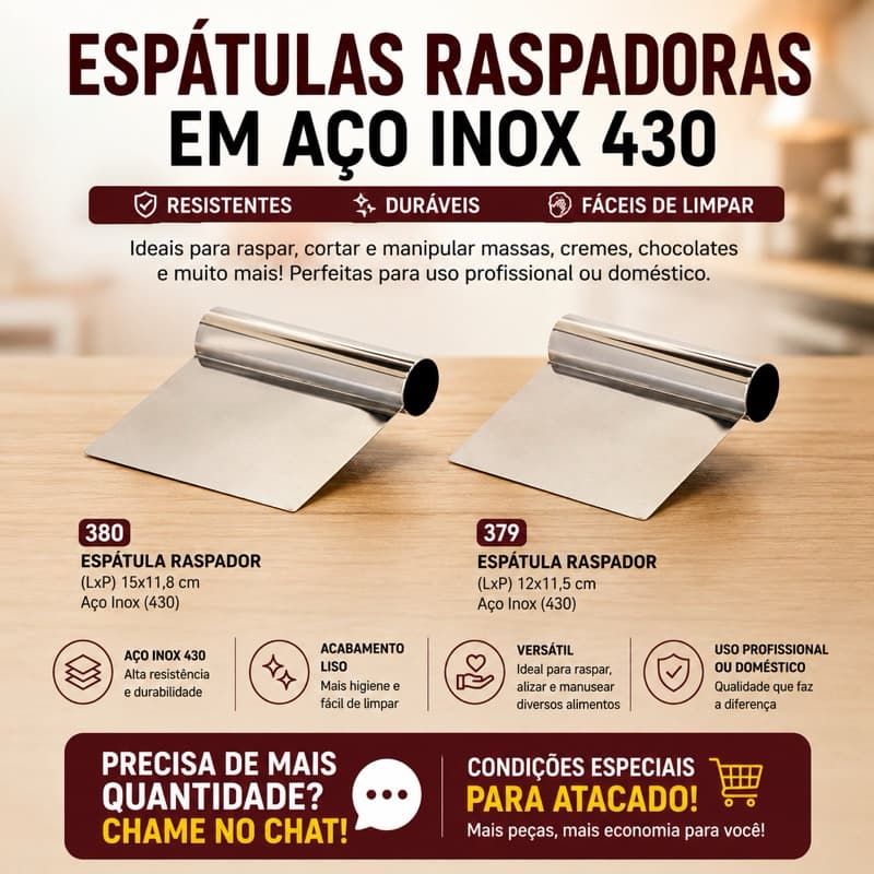 Espátula Raspadora em Aço Inox 430 12cm e 15cm | Confeitaria, Panificação e Cozinha | Mais Peças no Chat