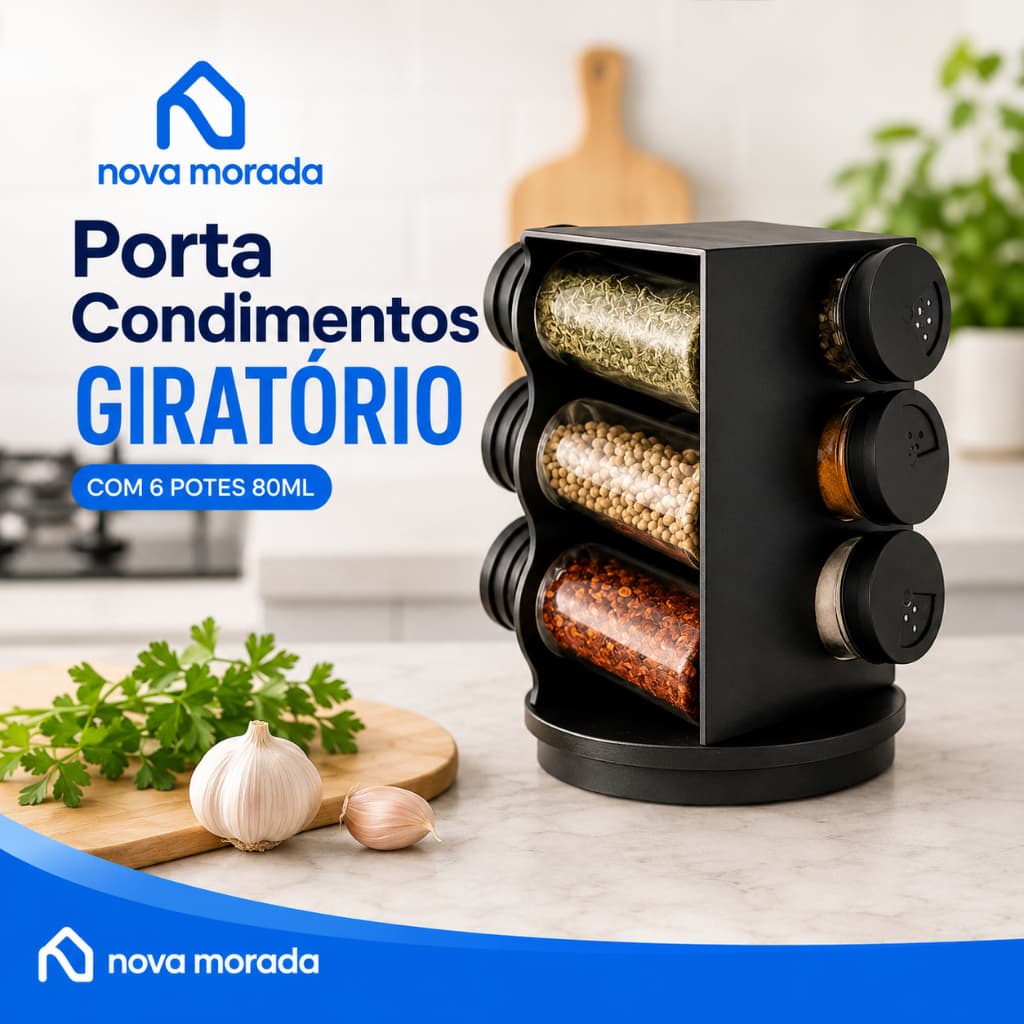 Porta Temperos Giratório 360° 6 Potes Vidro 80ml Organizador Condimentos Especiarias Cozinha Preto
