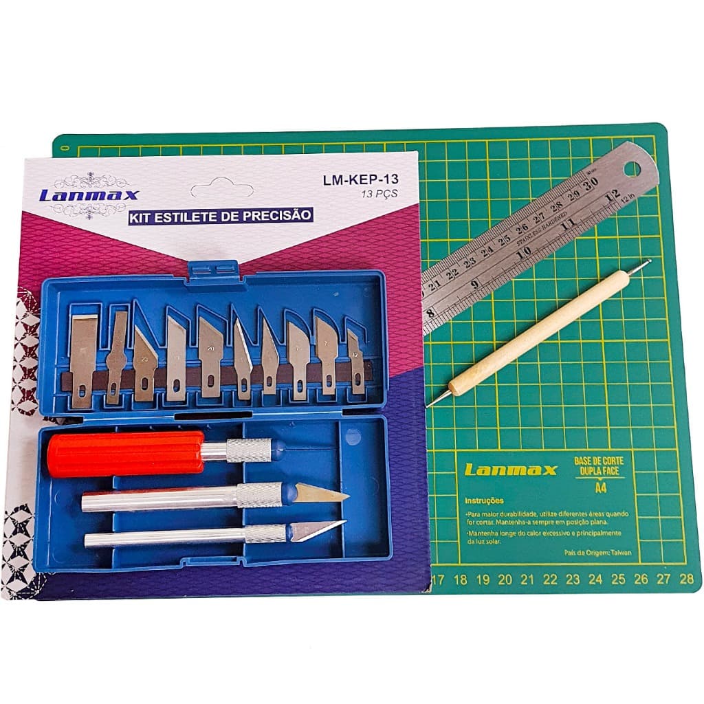 Estilete Bisturi + Base Corte A4 Lanmax + Régua Aço 30 CM + Boleador Para Vincar Papel