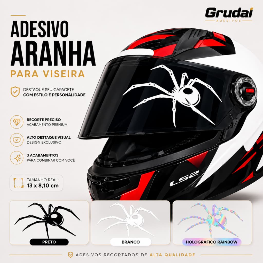 Adesivo Aranha Para Viseira de Capacete 13x8cm Moto Vinil Recortado Preto Branco Rainbow Premium Top