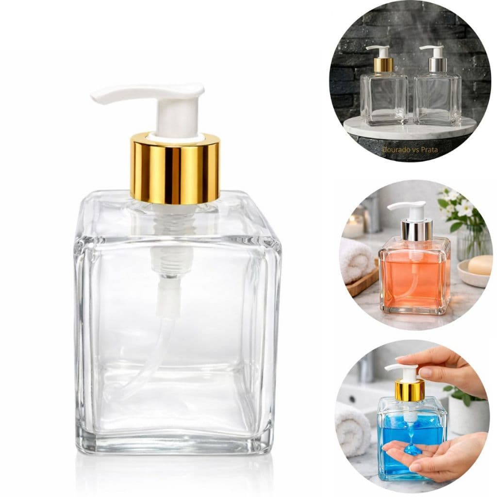 01-Frasco de Vidro 250ml para Sabonete Líquido | Porta Sabonete, alcool, creme, ou, com Válvula Pump Prata ou Dourada