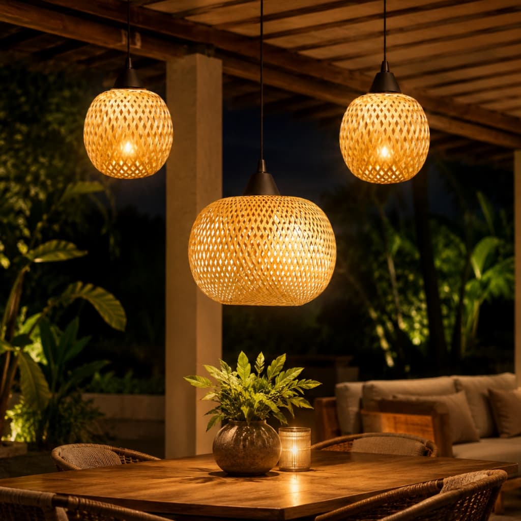 Kit 3 Lustres Luminaria Fibra Natural Bambu Composição Pendentes Palha Restaurante Varanda Premium
