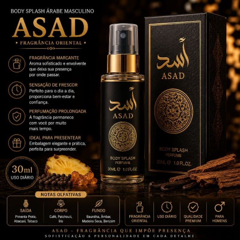 Body Splash Árabe Asad 30ml Masculino Importado Longa Duração Fragrância Oriental