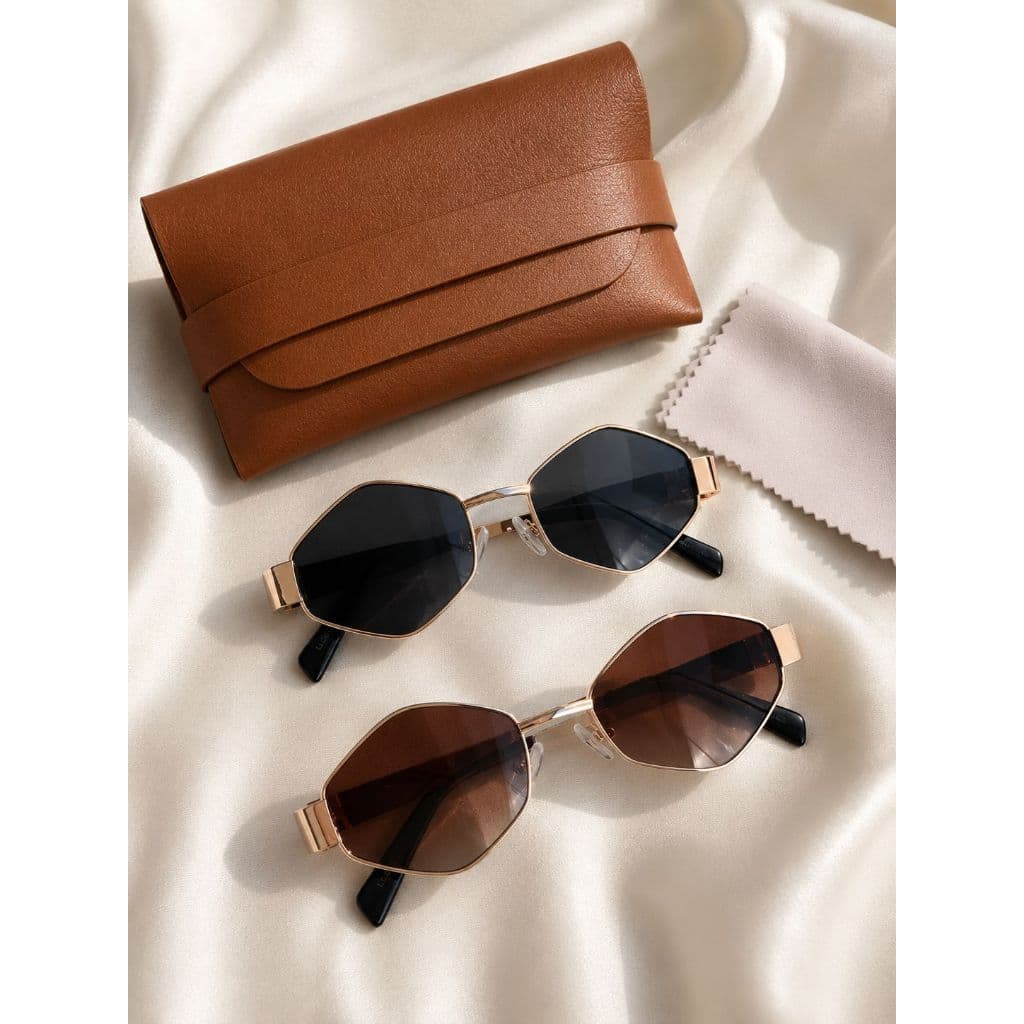 KIT Óculos de Sol Feminino Geométrico Retrô Luxo Proteção UV400 + Case Estojo + Flanela de Limpeza