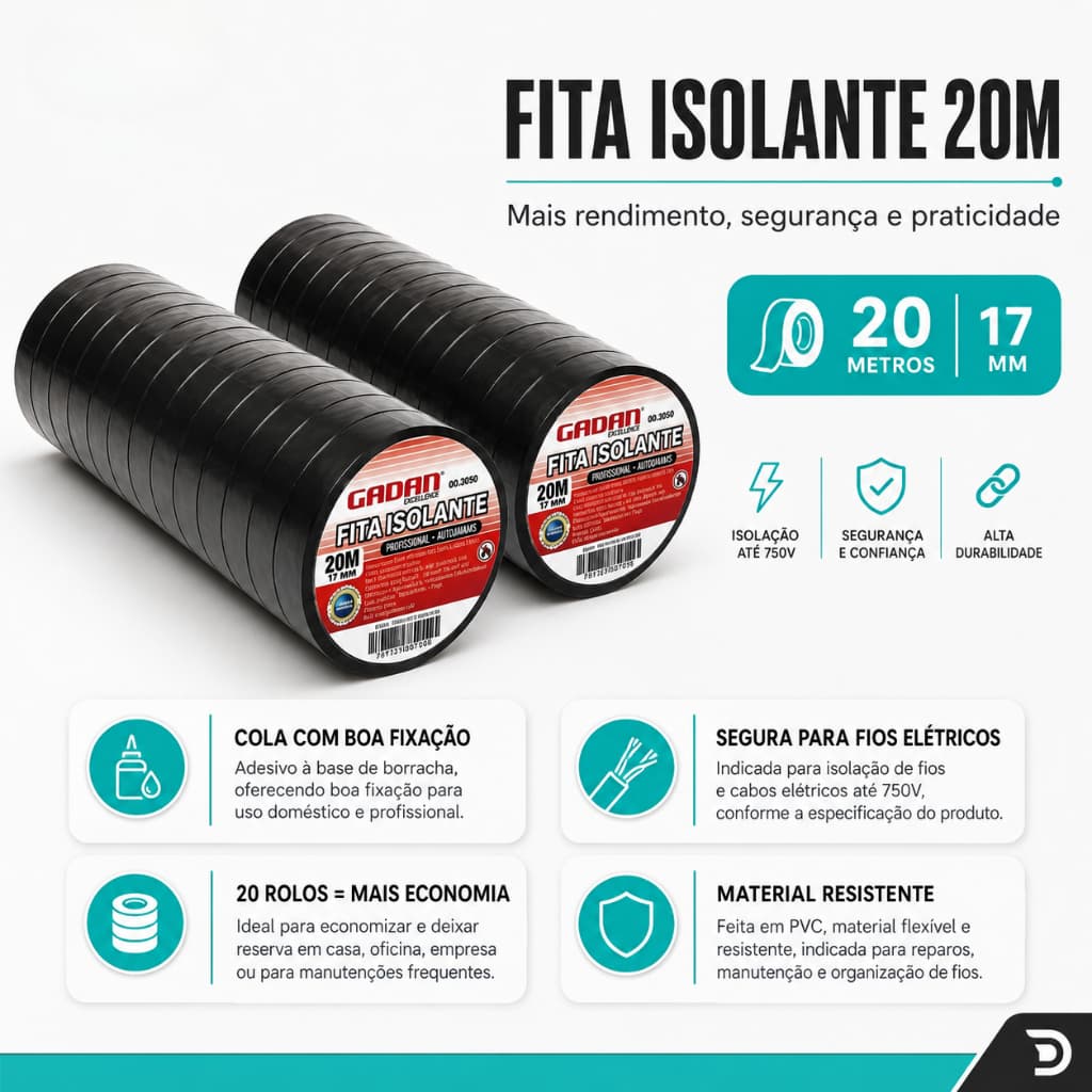 Kit 20 Rolos Fita Isolante Elétrica Preta PVC 20m Antichama 20 metros uso profissional