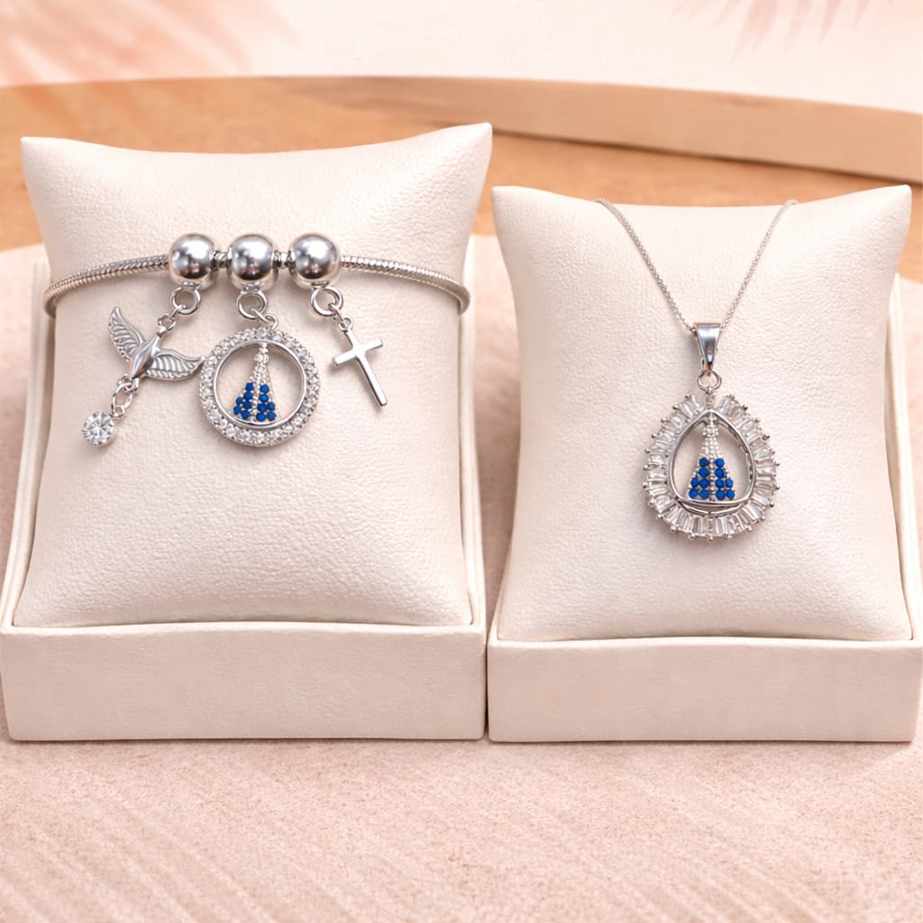 Kit Pulseira Pingente + Colar Gota Cravejada Nossa Senhora Aparecida Folheada a Prata 925