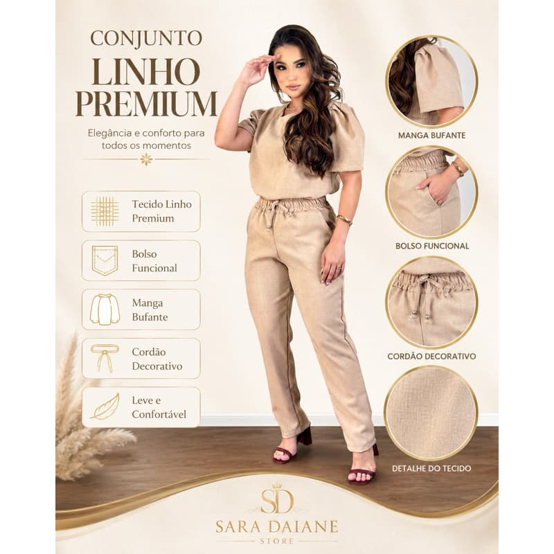 Conjunto Feminino Alfaiataria de Calça+Blusa de Linho Elegante e Sofisticado uniforme scrub Verão
