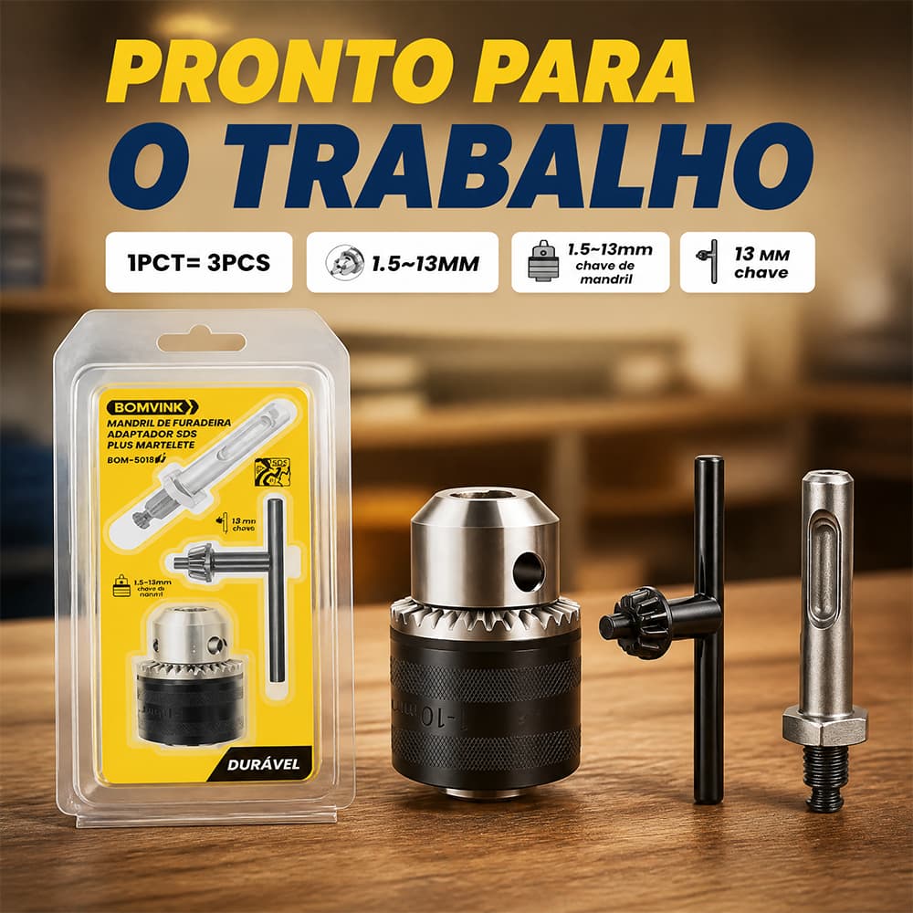 Kit 3pcs Mandril De Furadeira 1.5 a 13mm Adaptador De Martelete Para Furadeira SDS Plus Chave