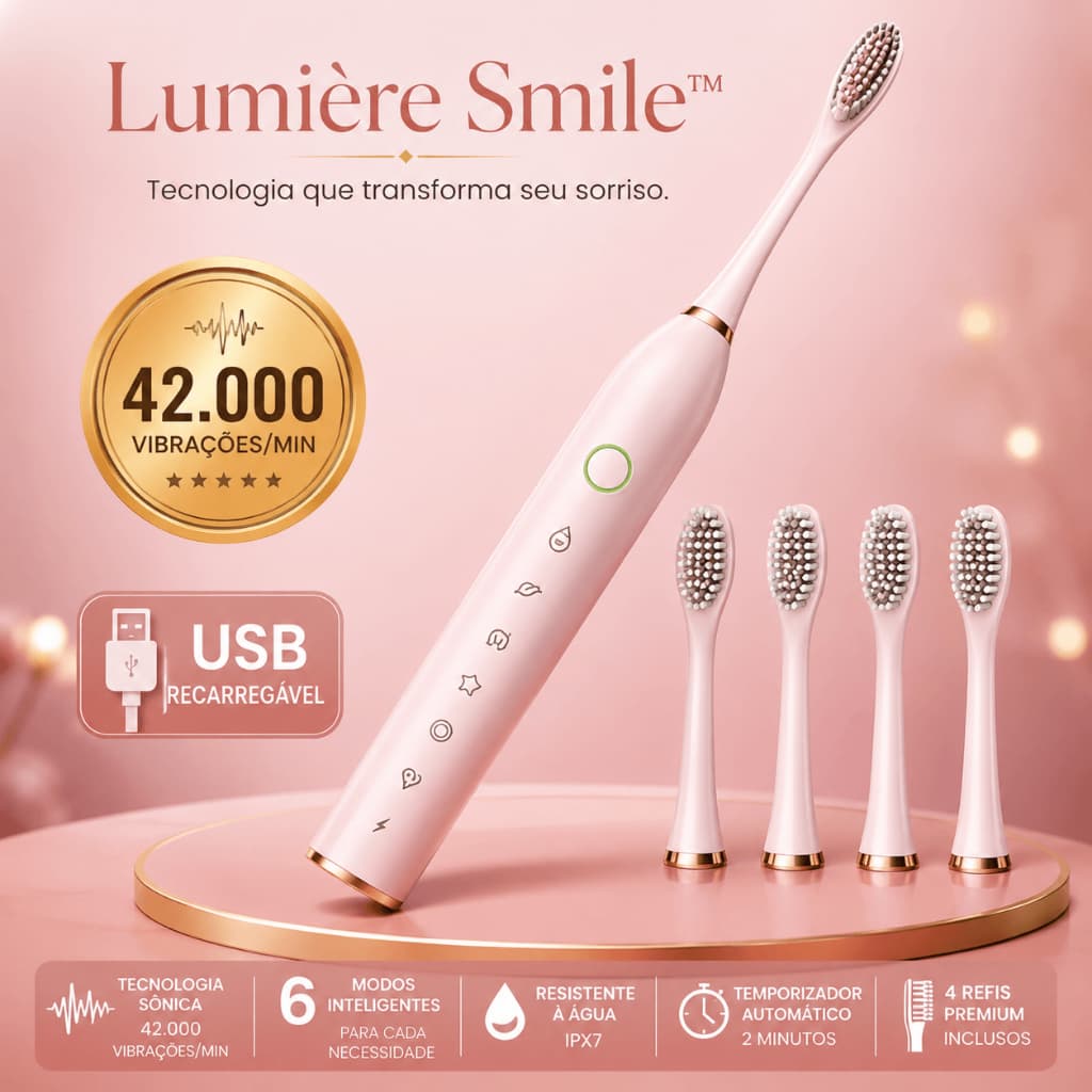 Escova Dental Elétrica Sônica Recarregável USB 42.000 Vibrações 6 Modos IPX7 + 4 Refis