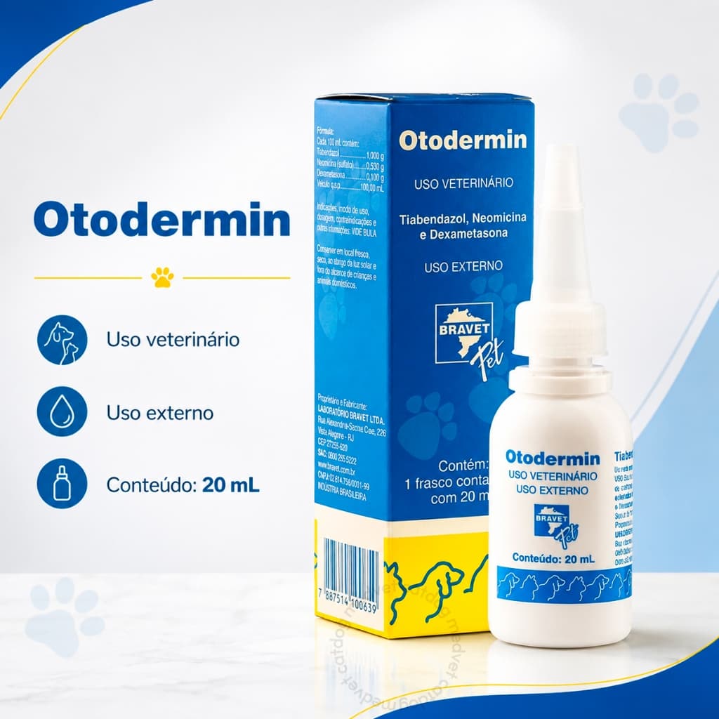 Otodermin 20 ml Bravet Gotas Solução Tópica Tratamento de Otites Cães e Gatos Limpa Orelhas