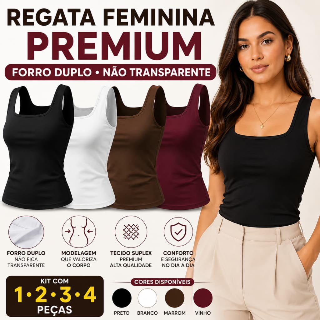Kit Regatas Femininas Suplex Premium Com Forro Duplo Não Transparente Alça Larga Modela o Corpo