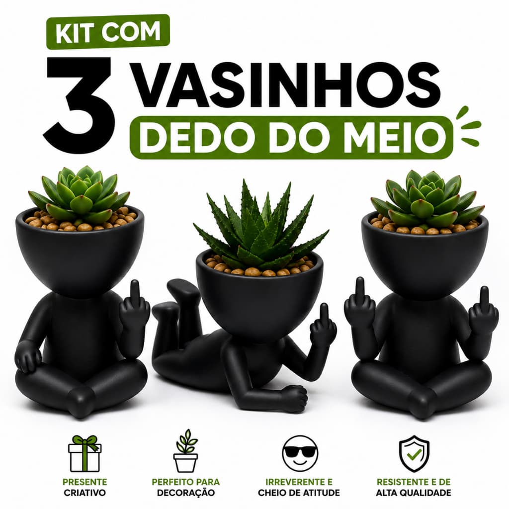 Kit 3 Vasinhos Robert Plant Dedo do Meio Decoração Engraçada Presente Criativo Mesa Escritório