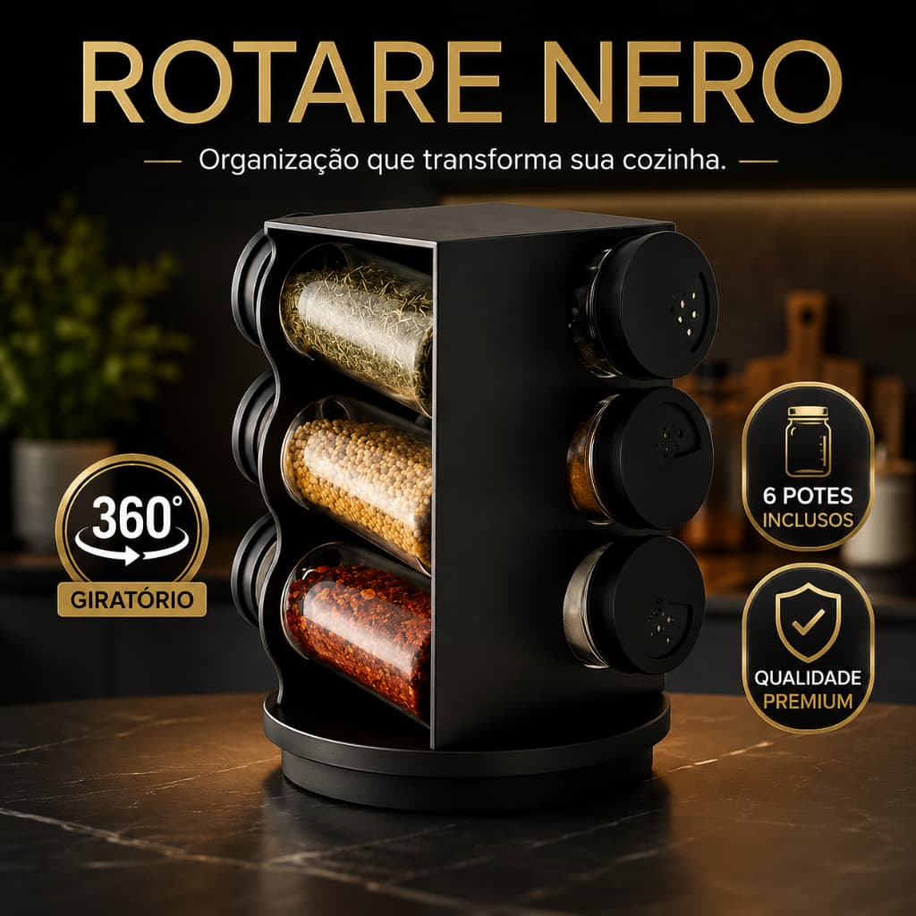 Porta Condimentos Giratório 360° 6 Potes Vidro 80ml Organizador Temperos Rotare Nero Preto