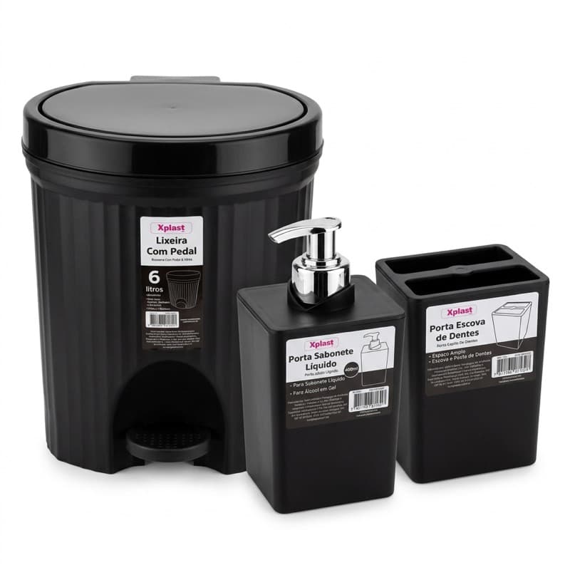 Kit 3 Peças Banheiro Lixeira 6 Litros com Pedal + Dispenser de Sabonete 400ml + Porta Escova Cinza Chumbo Xplast