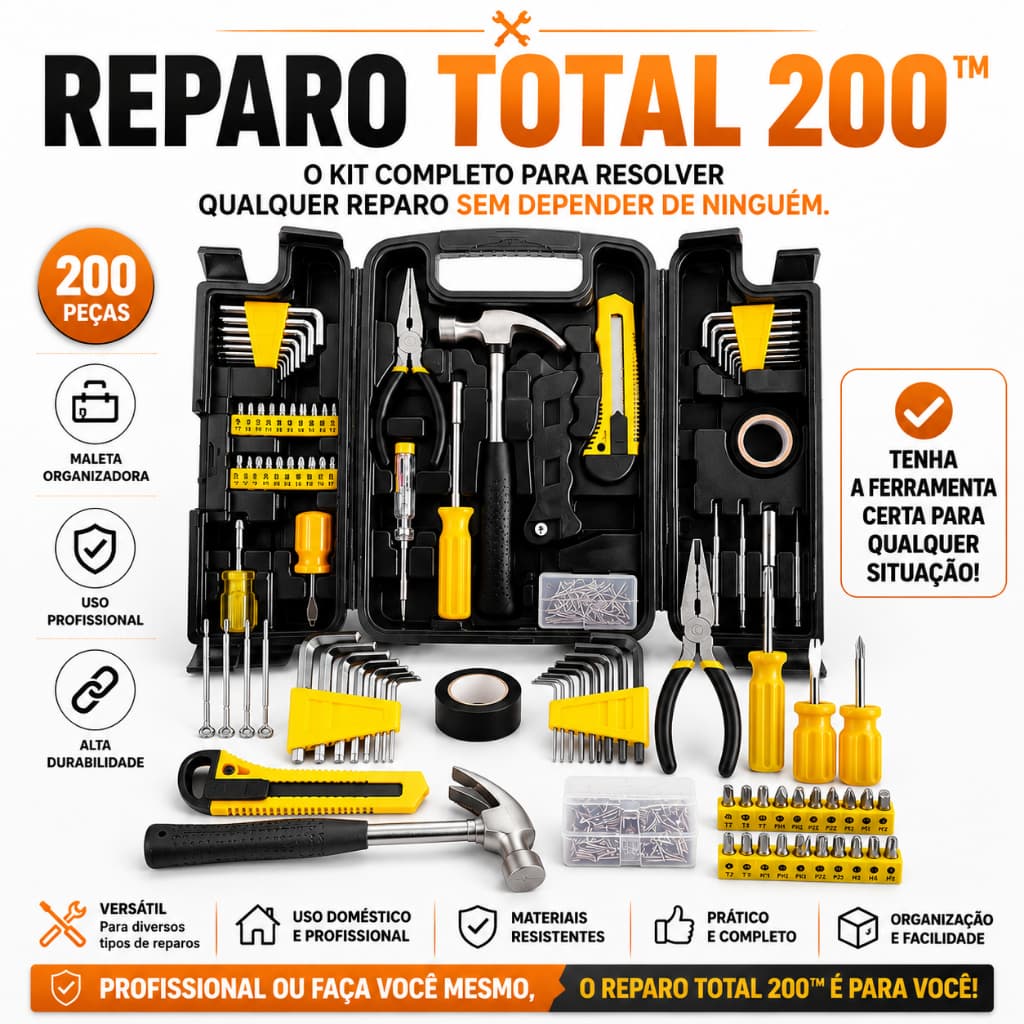 Reparo Total™ 200 Kit Ferramentas Completo Com 200 Peças Maleta Organizadora Uso Doméstico E Profissional