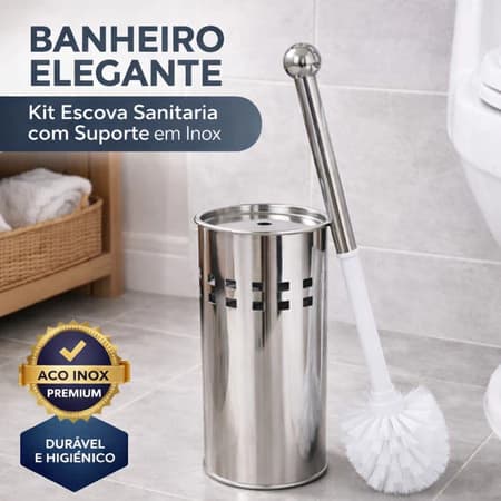 Kit Escova Sanitária com Suporte - Inox Ideal para manter seu banheiro sempre limpo.