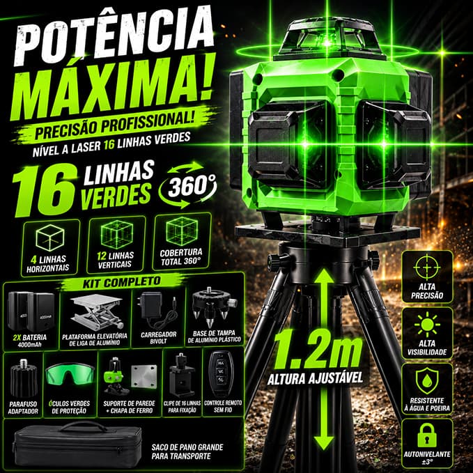 Nível Laser 16 Linhas Profissional  Verde Nível 360° Auto-Nivelante 4D + Tripé 1.2m + 40m + 4000mAh Baterias*2 War Shark