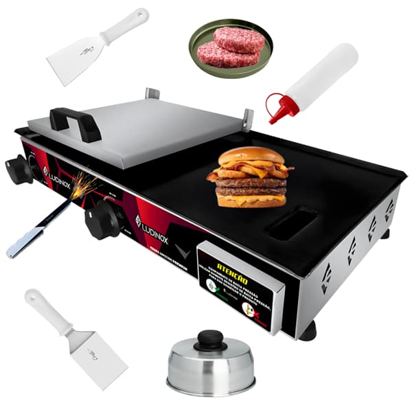 Chapa Chapeira PREMIUM Bifeteira Para Lanche Porções 60x30 Com Prensa + 8 ACESSORIOS