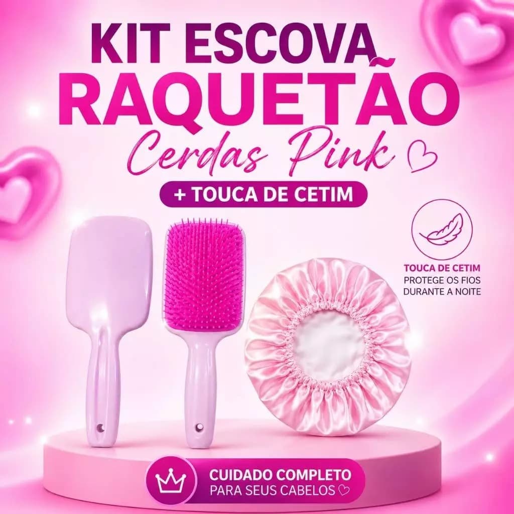 Kit Escova RAQUETÃO Cerda Pink + Touca de Cetim Sem Quebrar Fios Salão Beleza CABELO