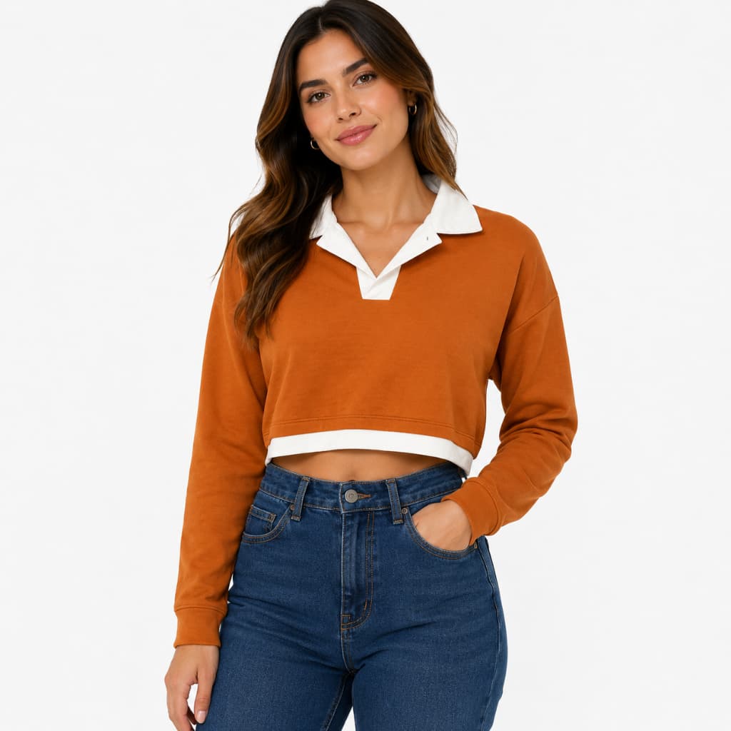 Casaco Moletom Cropped Feminino Adulto Gola Polo Manga Longa Confortável Estiloso