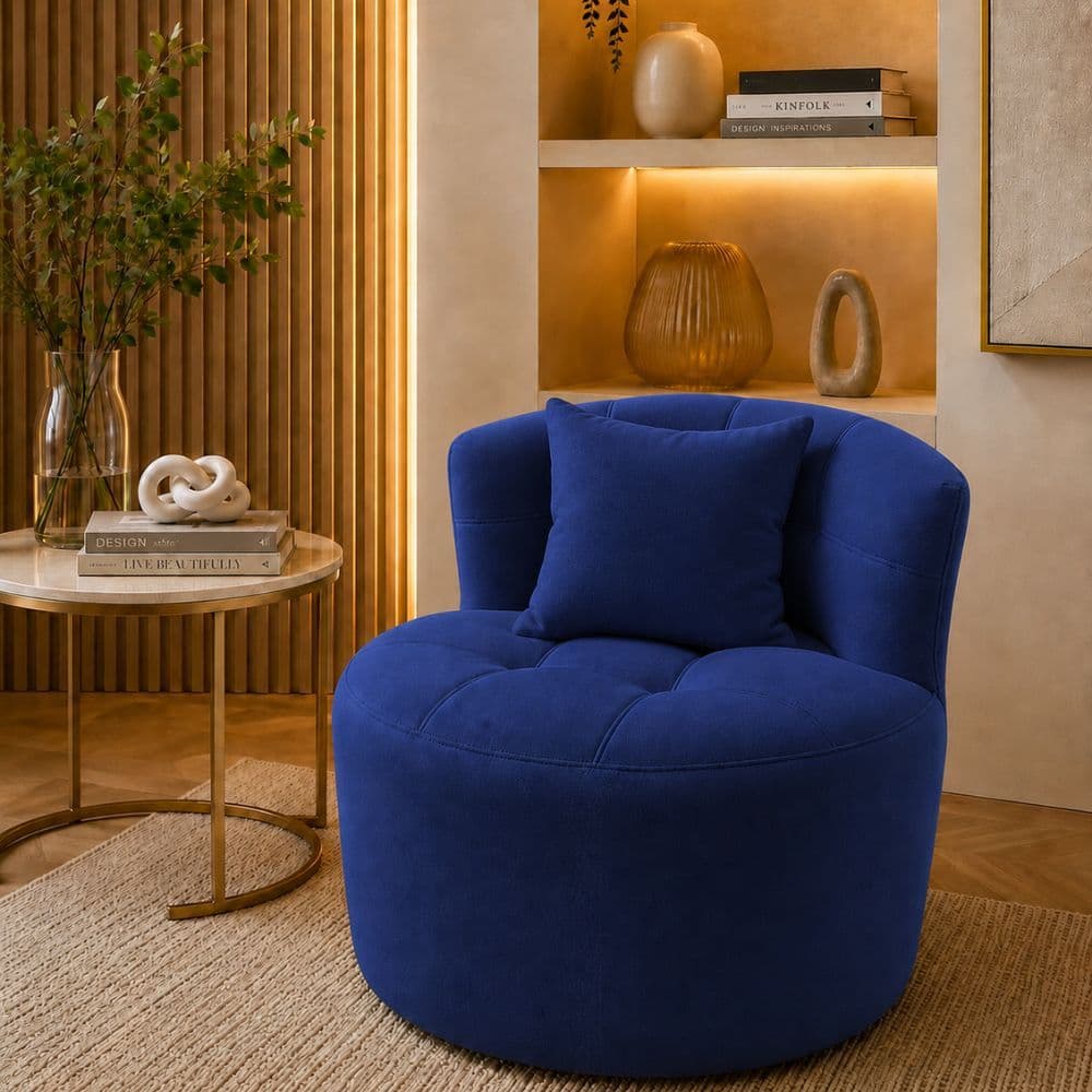 Poltrona Orgânico Yoongi Com Almofada Curvo Luxo Studio Recepção Sofisticada Suede Azul Marinho