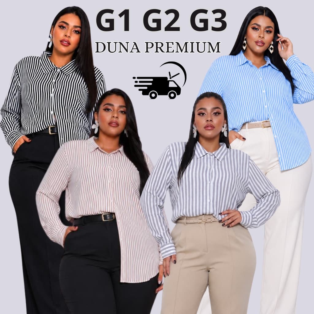 Camisa Feminina Plus Size Listrada Duna Premium Manga Longa Social Elegante G1 G2 G3