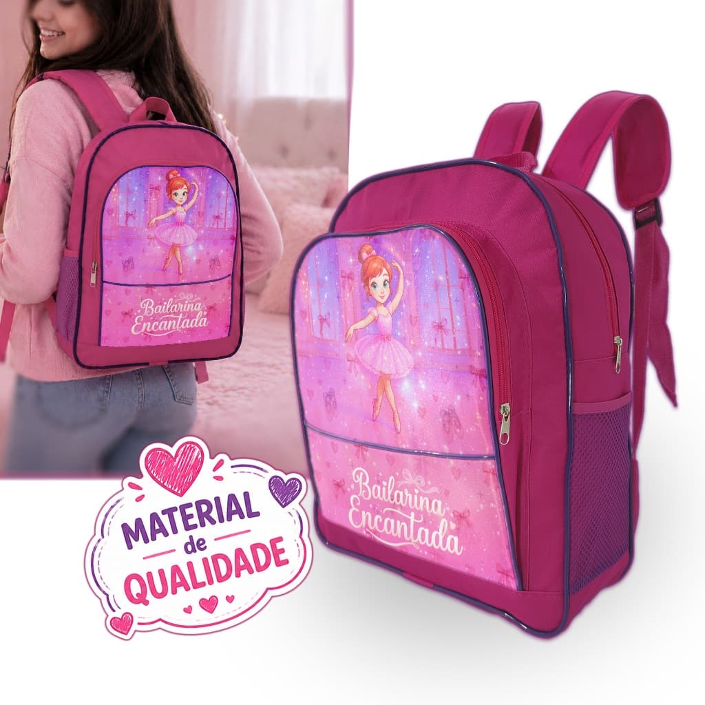 Mochila Infantil Menina Grande Bailarina Encantada Rosa Escolar Bolso Lateral Reforçada Resistente