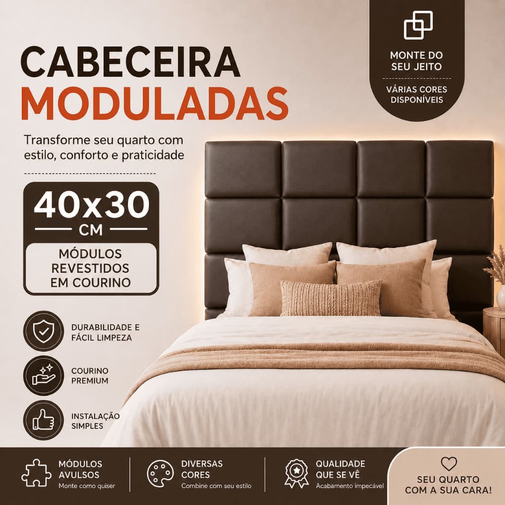 Kit de 4 a 10 Placas Estofadas 30x40cm Courino para Cabeceira de Cama - Envio Imediato