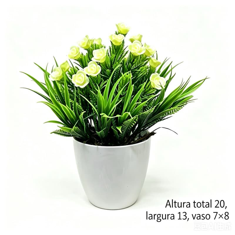 Buque de mini botoes rosa artificiais com vaso branco plastico 20cm