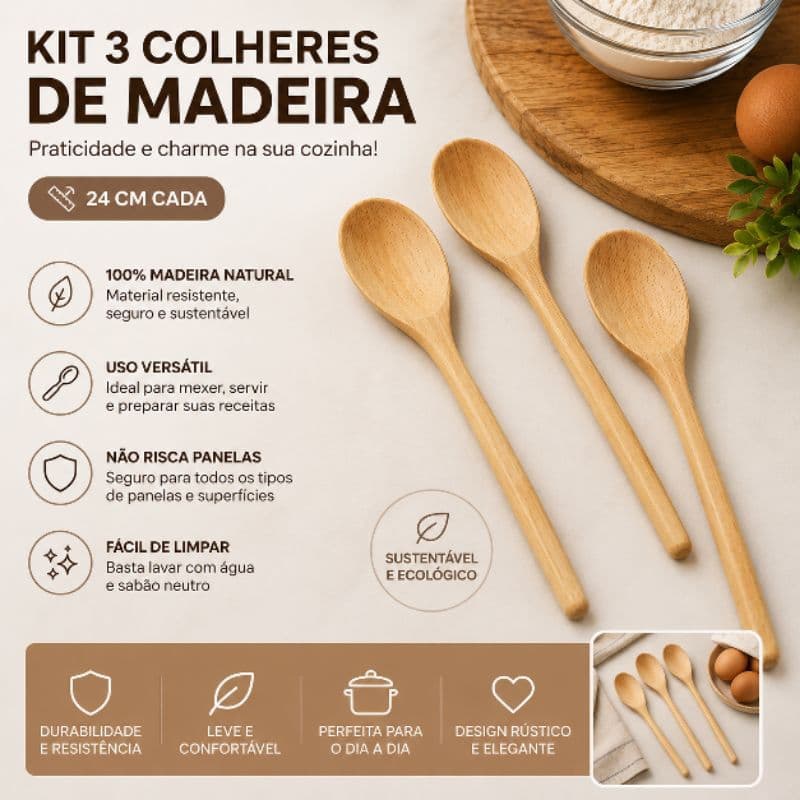 Kit 3 Colheres de Pau Bambu Madeira Natural Colher de Madeira para Cozinha Resistente 24cm e 30cm