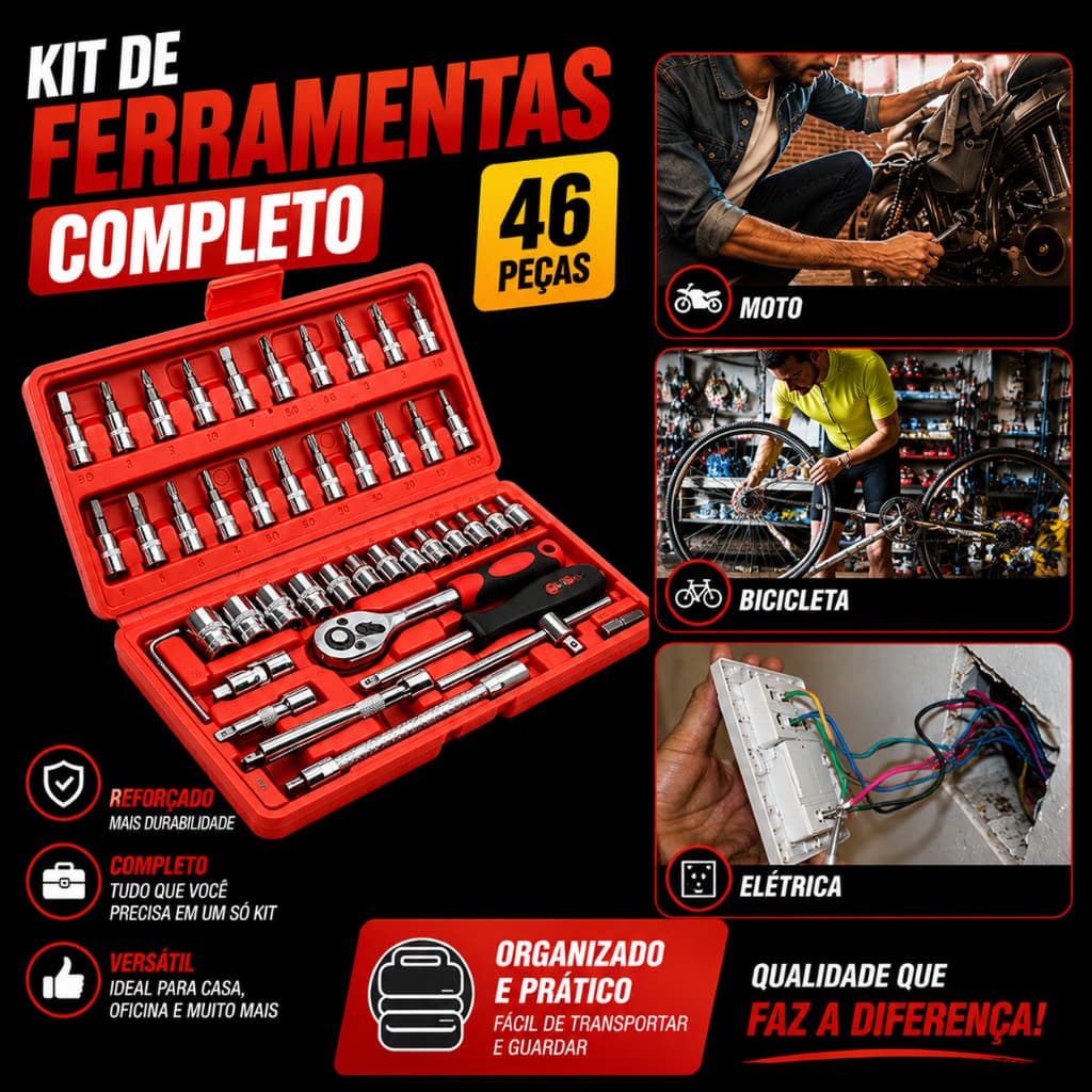 Kit 46 Peças Chave Catraca Jogo Soquetes Allen Torx Ferramentas Profissional Completo