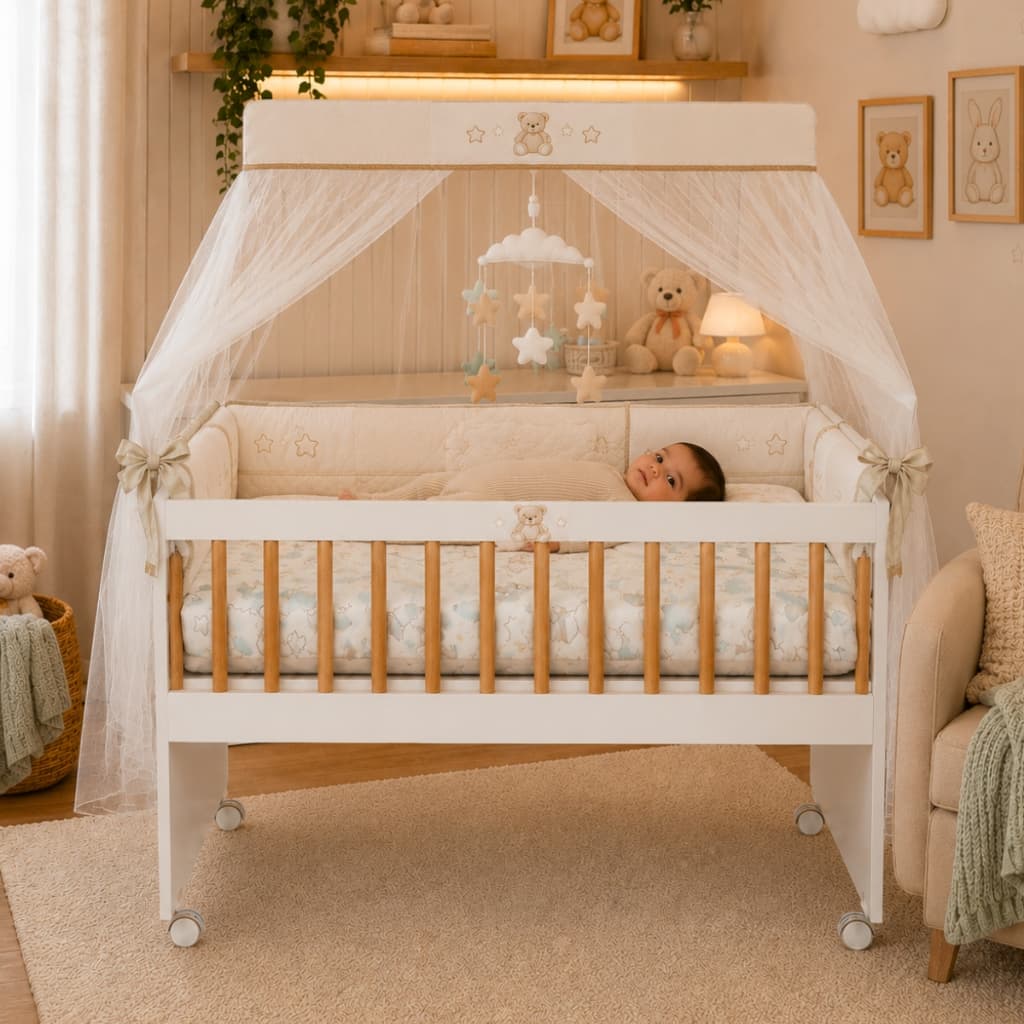 Mini Berço 5 em 1 Com Colchão Moisés Portátil Bebê Chiqueirinho Infantil Regulável Com Rodízios MDF