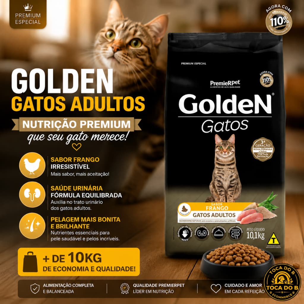Ração Golden Gatos Adultos Frango 10 kg Original | Saúde Urinária Ração | Premium Para Gato Adulto