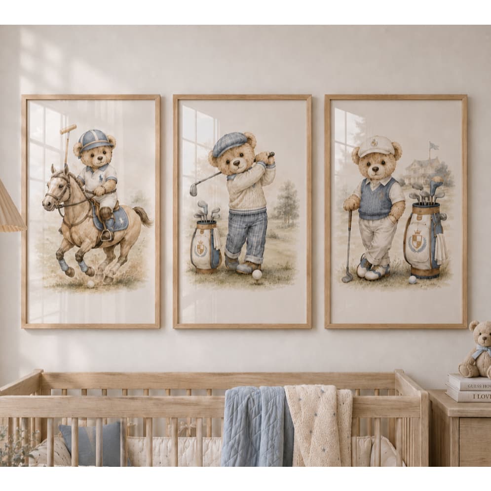 Kit 3 Quadros Infantil Urso Ralph Tons De Azul Clean Moldura e Vidro Quarto 60x40 cm Quarto Sala