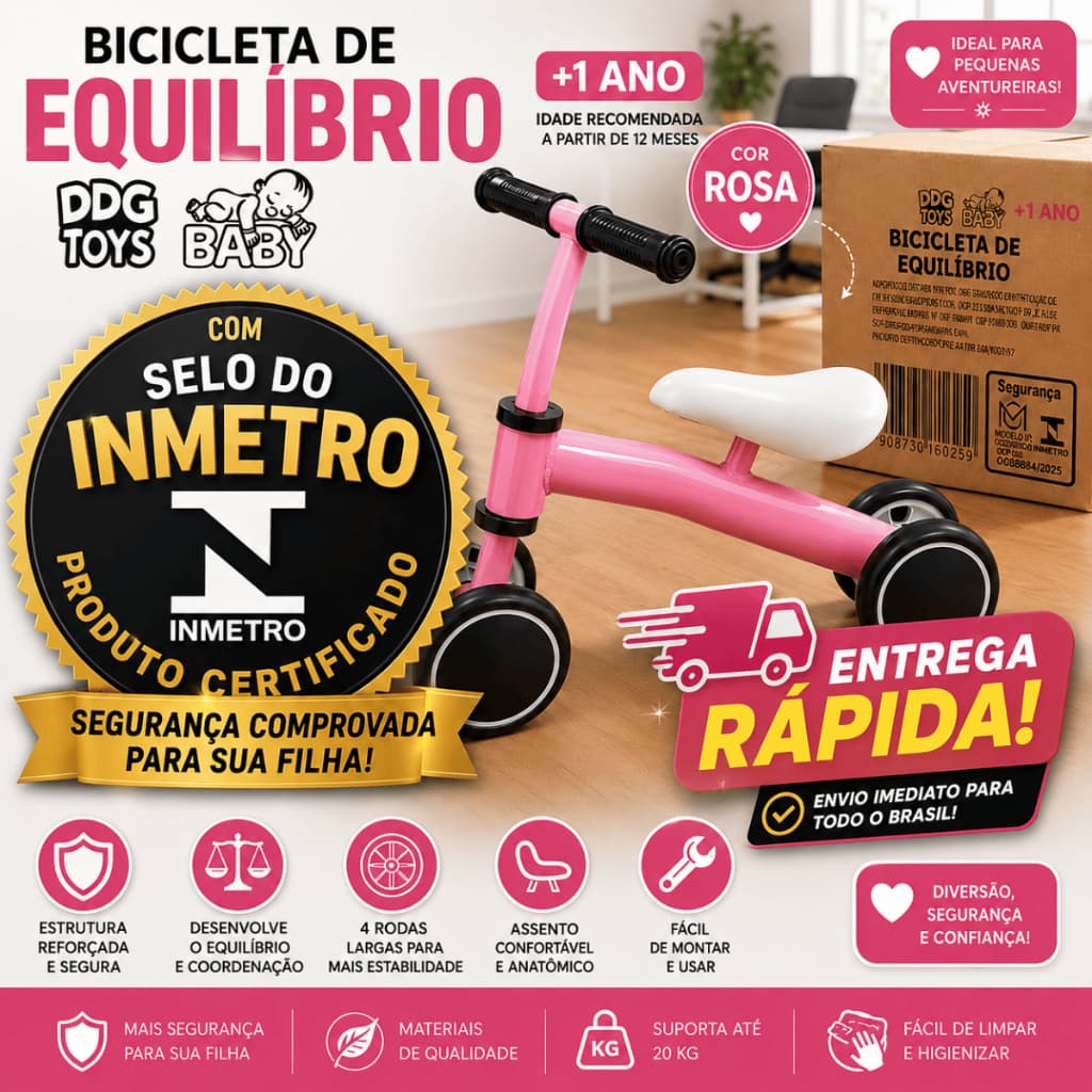 Bike Bicicleta Equilibrio Infantil Sem Pedal Rosa Estimulacao Motora Diversao Segura