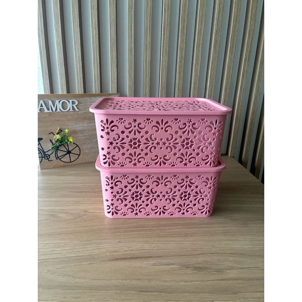 Kit 2 Caixas Organizadoras Oriental Rosa com tampa-  3,5 LITROS – Organizadora Multiuso Rosa