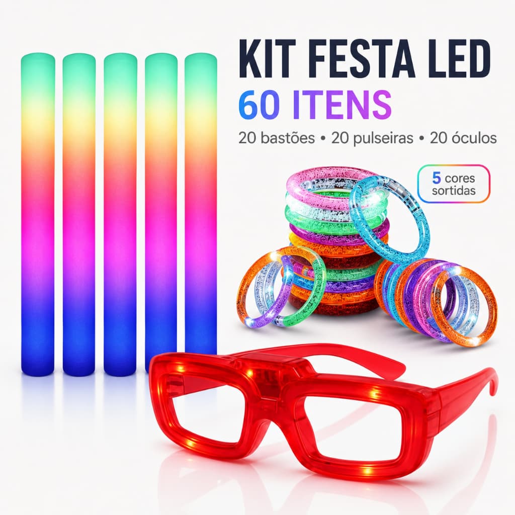 Kit 60 Itens Festa Neon Completo -  Bastões + Pulseiras + Óculos De Led Casamento Aniversário Balada