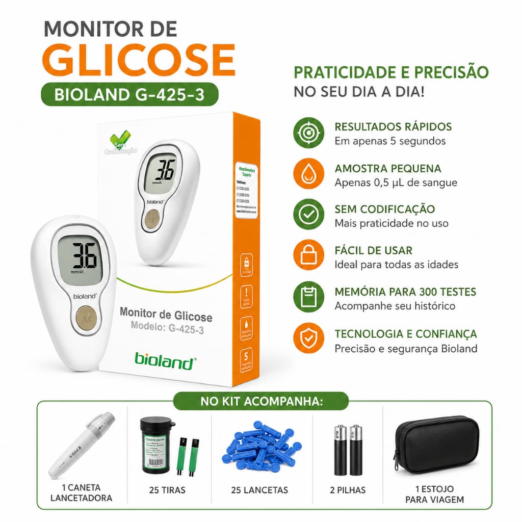 Kit Medidor De Glicose C/ 25 Fitas 25 Lancetas G-425-3 Bioland