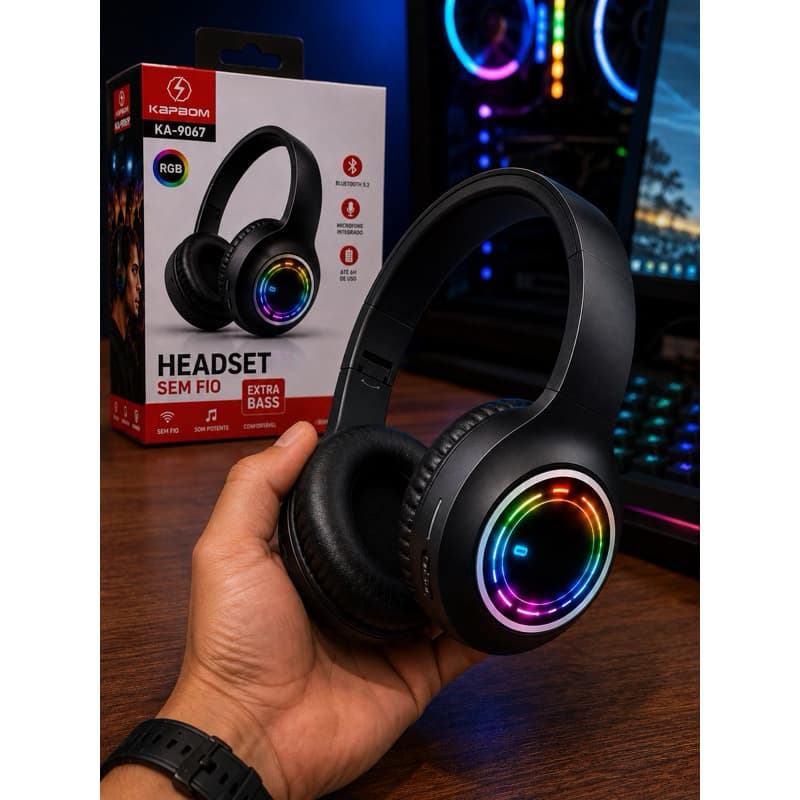 Fone Bluetooth Kapbom KA-9067 RGB LED Headphone Sem Fio Gamer Bluetooth 5.3 Com Microfone