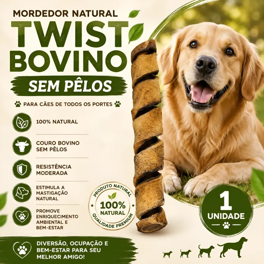 Mordedor Natural Para Cachorro Twist Bovino Sem Pelos 1 Unidade Resistente