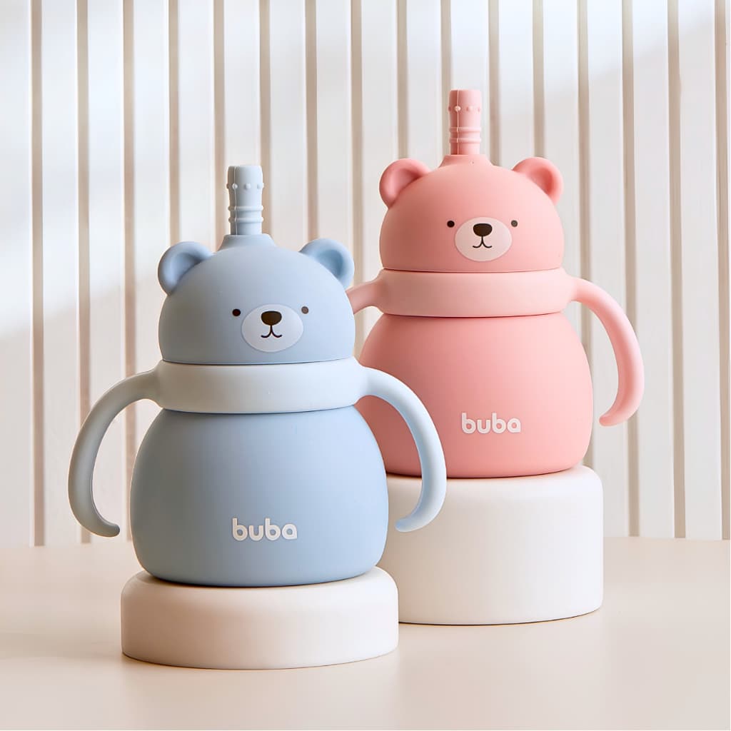 Copo de Treinamento Silicone Bebê Transição +6m Introdução Alimentar Canudo 200ml Ursinho Buba