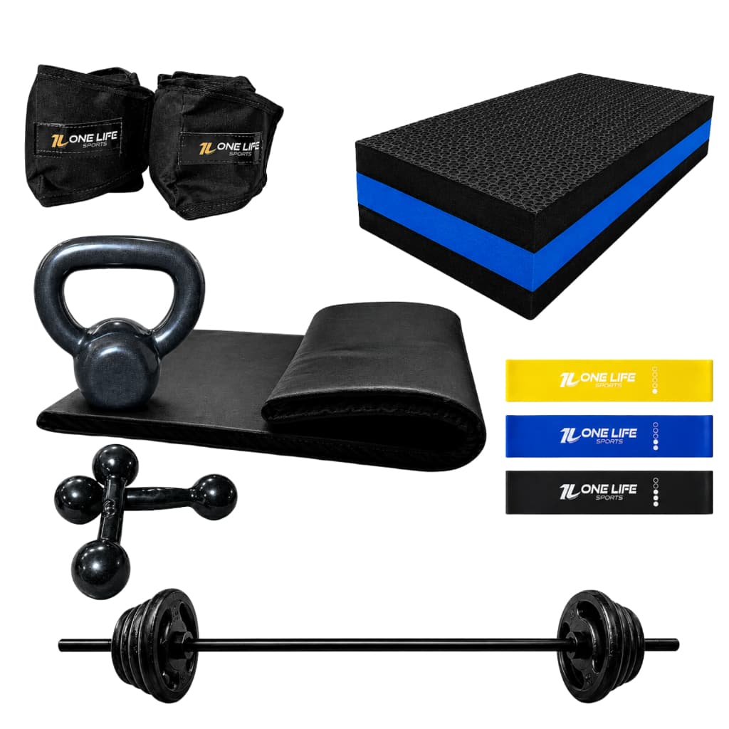 Kit Barra 120cm + 10kg de anilha Colchonete Mini Band 3 Intensidade Par Halter Kettlebell 6kg Step
