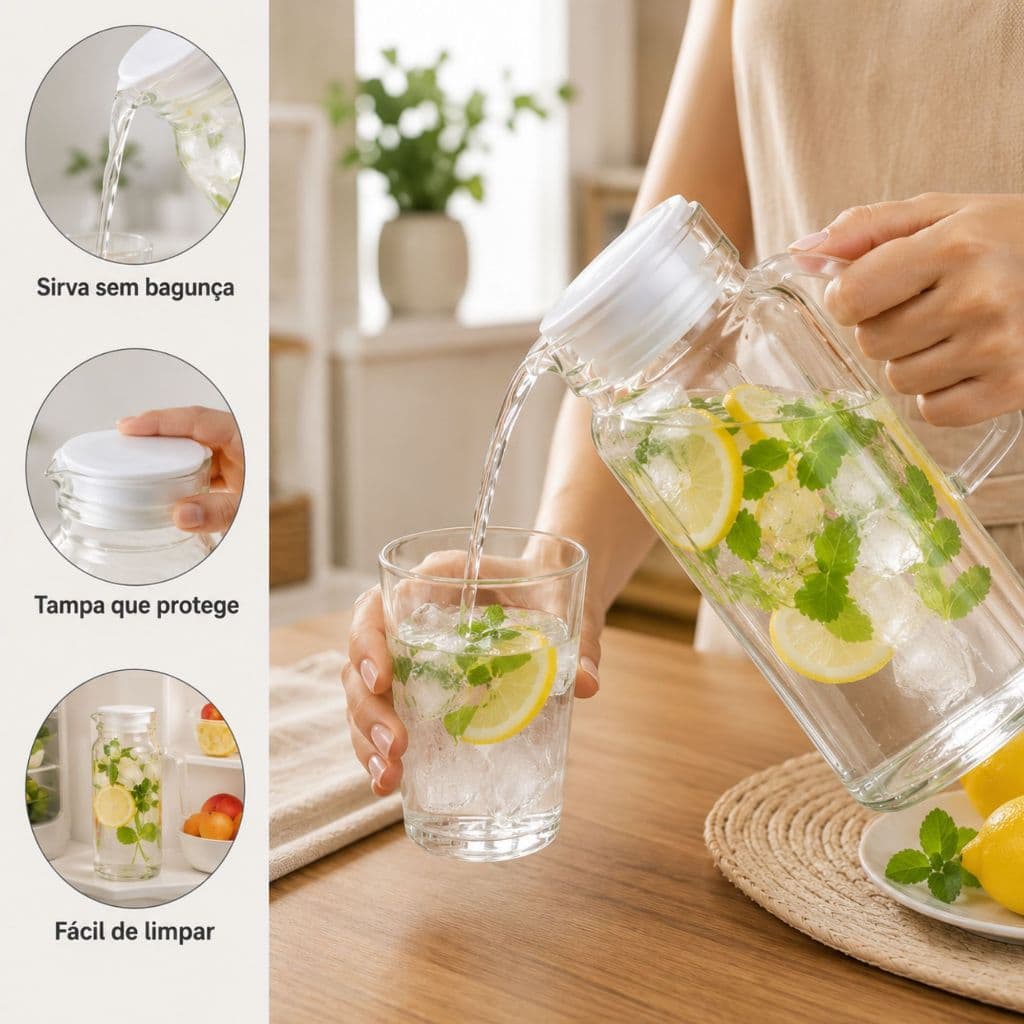 Jarra Com Tampa Vedação De Vidro Transparente 1Litro Suco Água Bebidas Geladeira Cozinha Achadinhos