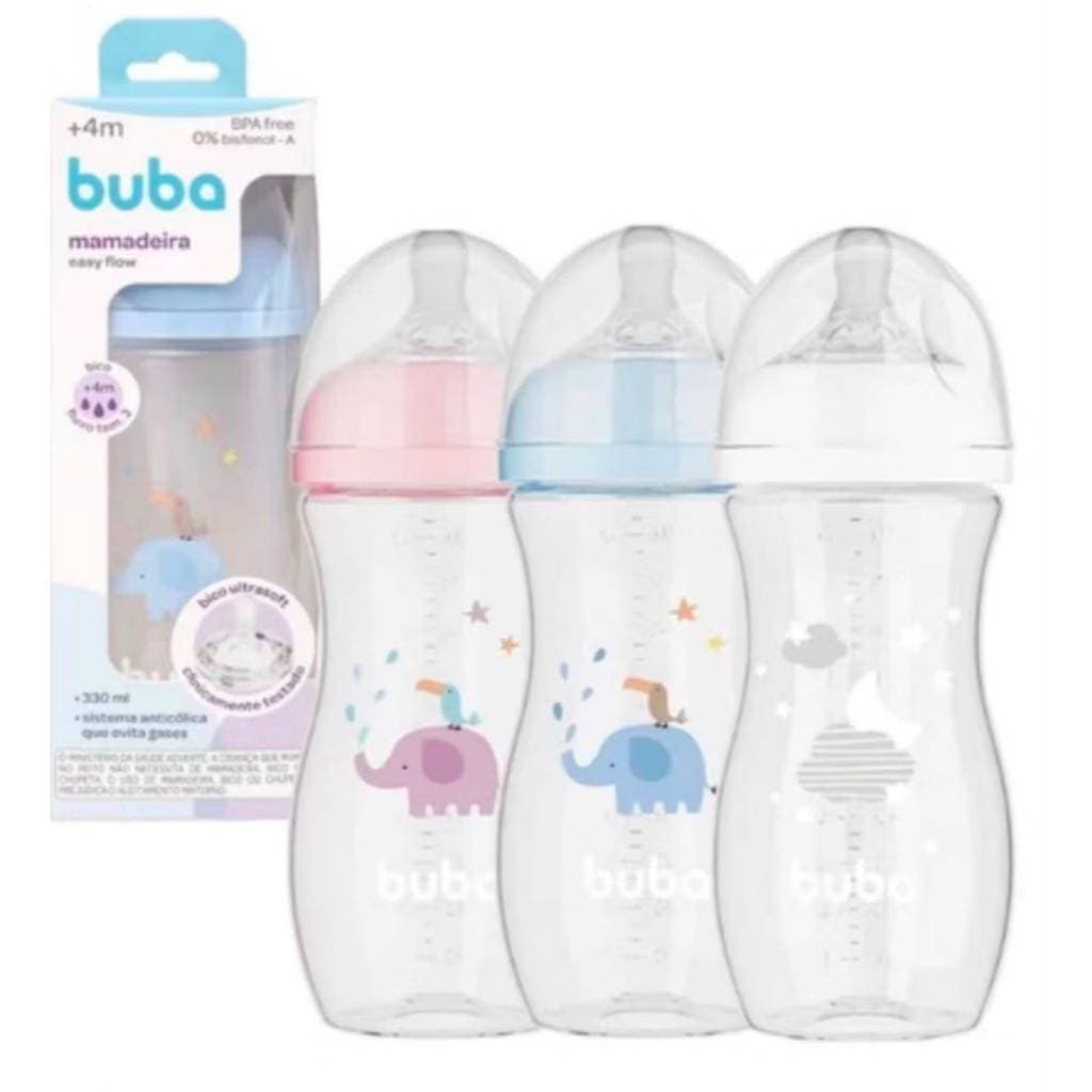 Mamadeira Buba Easy Flow 330ml Anticólica Bico Silicone Macio Livre de BPA para Bebê