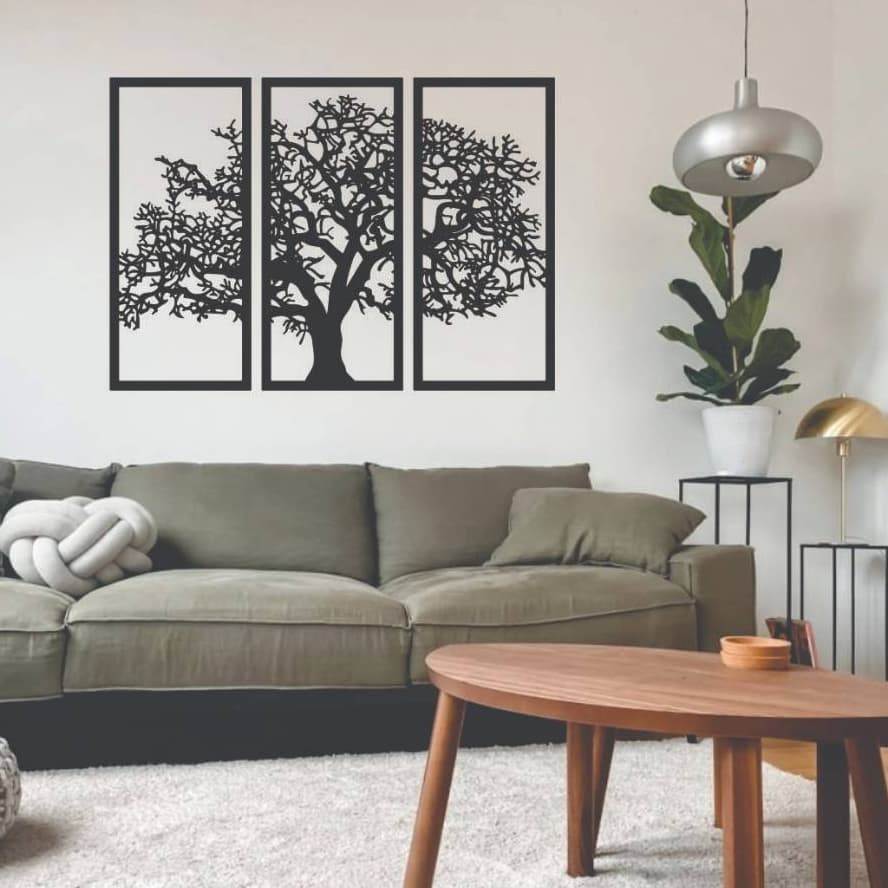 Quadro Decorativo Árvore da Vida em MDF 3mm para Quarto e Sala Preto Fosco Vazado Kit 3 unidades
