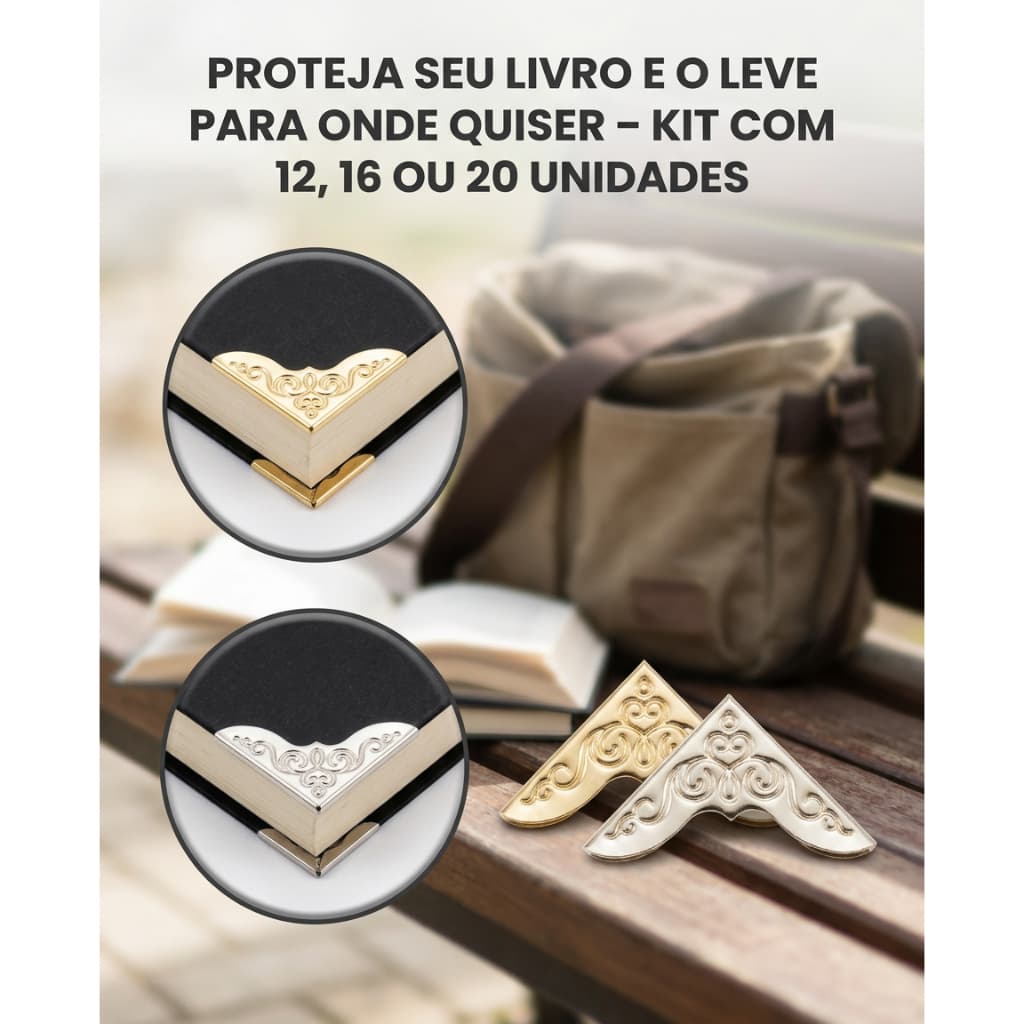 Kit 12, 16 e 20 Unidades de Protetor para Livro Canto Quina de Metal Prata e Dourado Elegante