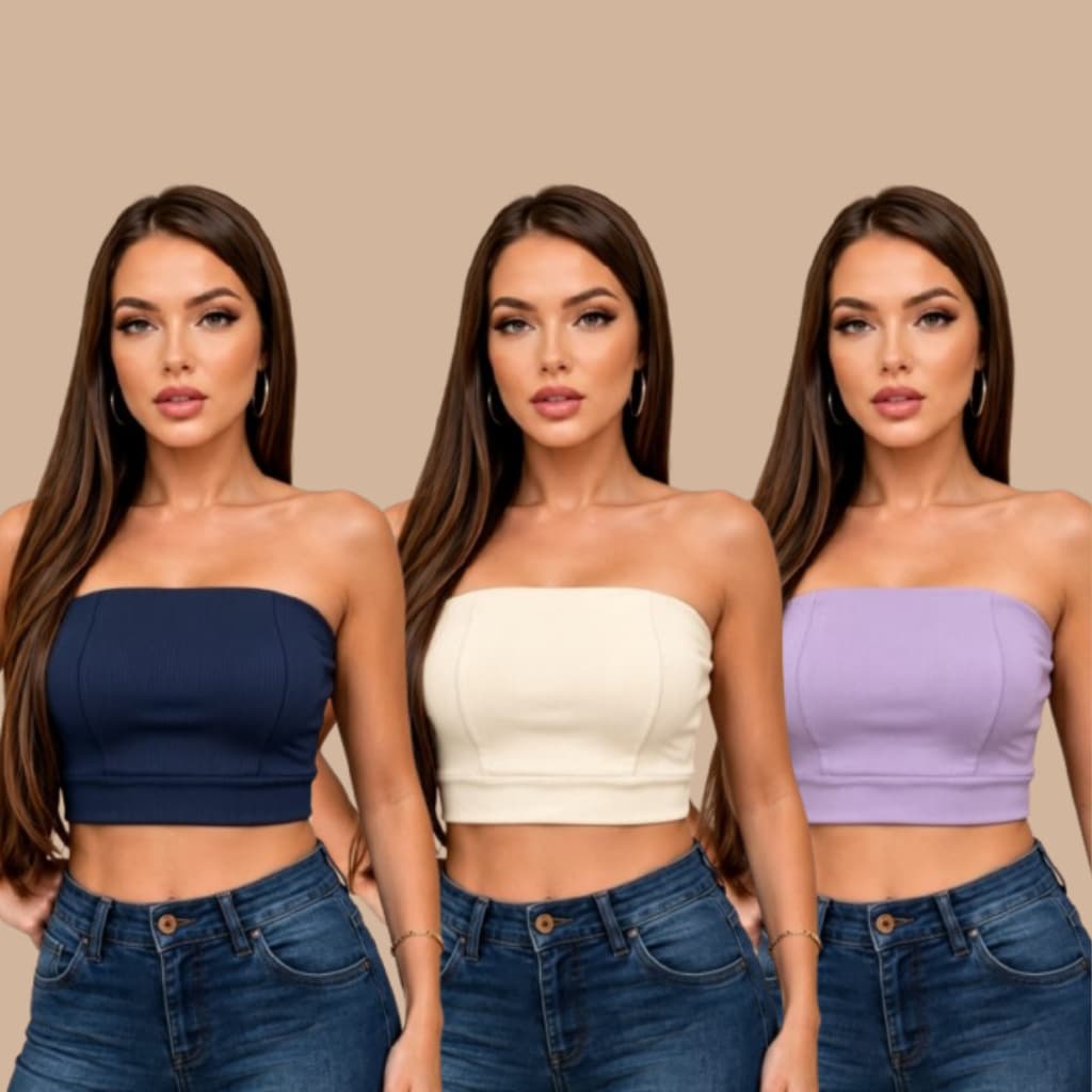 KIT 3 CROPPED TOP FAIXA TOMARA QUE CAIA  RIBANA CANELDA PREMIUM MODA GRINGA