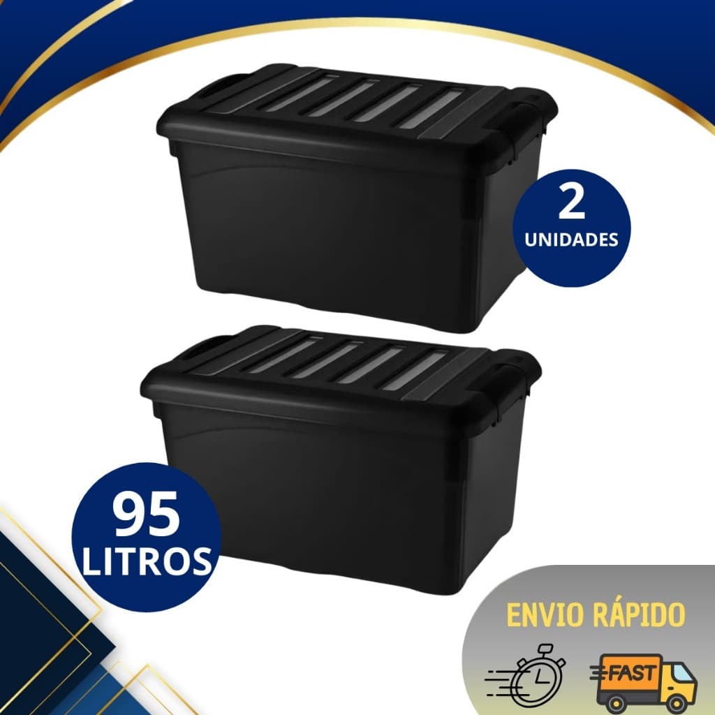 Kit 2 Caixas Organizadoras 95 Litros com Rodinhas e Travas – Caixa Plástica Grande Black
