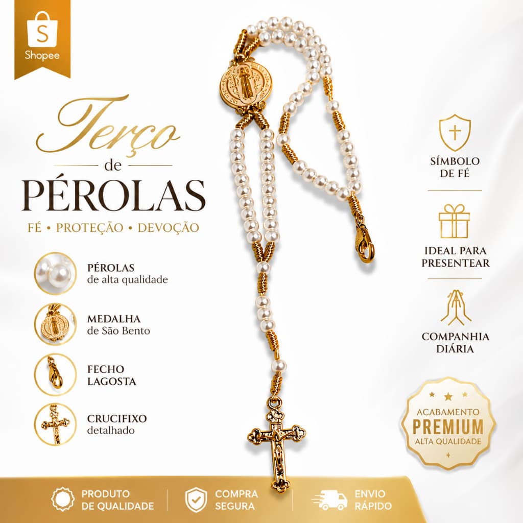 Terço de Pulso Pérola Pulseira Católica São Bento Resinado Premium